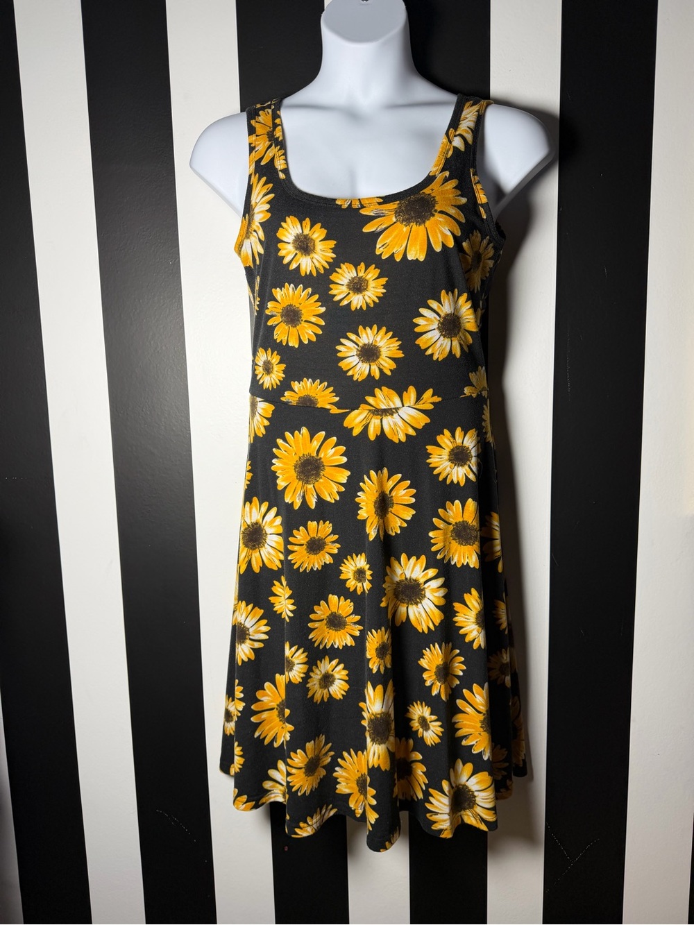 Black Sunflower Print Tank Dress - Yellow Floral - SZ L